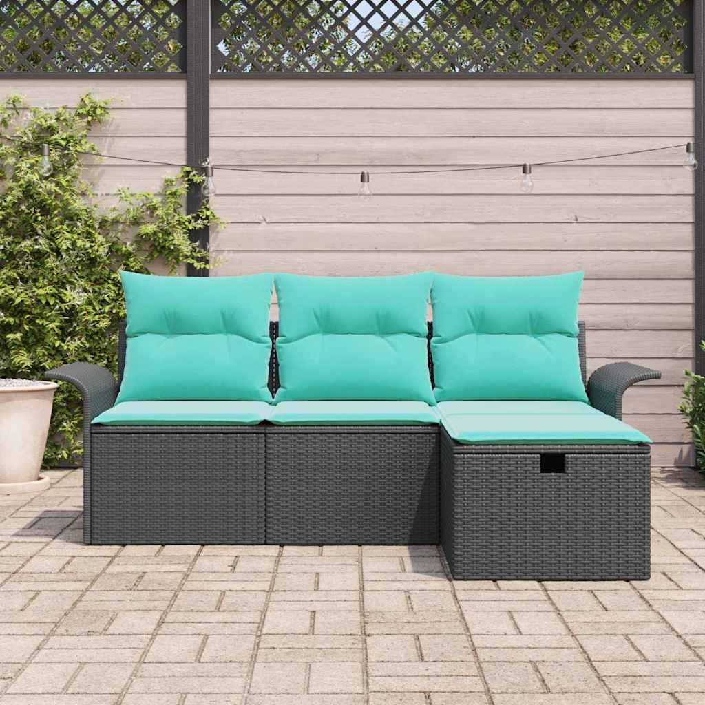 Havesofa Sæt med pude 4 pcs Sort og turkis polyrattan