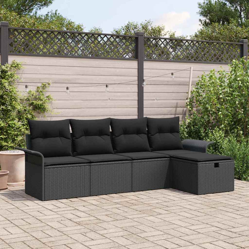 Havesofa Sæt med pude med opbevaring 5 pcs Sort polyrattan