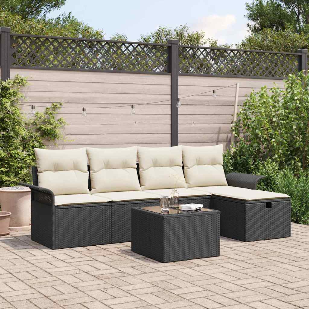 Havesofa Sæt med pude 6 pcs Sort og Cream polyrattan