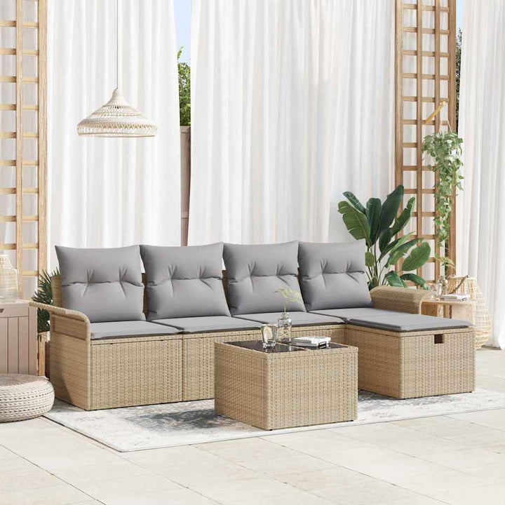 Havesofa Sæt med pude 6 pcs Beige og lys grå polyrattan