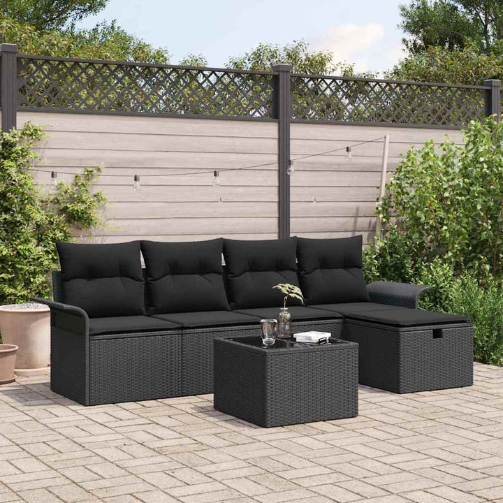 Havesofa Sæt med pude med opbevaring 6 pcs Sort polyrattan