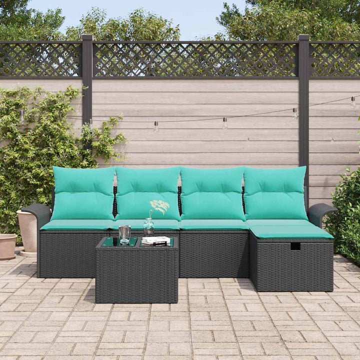 Havesofa Sæt med pude 6 pcs Sort og turkis polyrattan