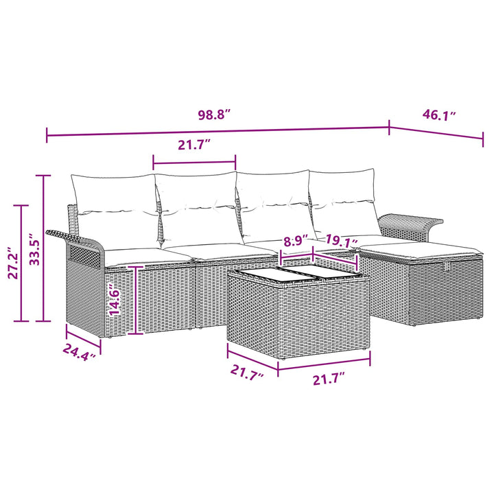 Havesofa Sæt med pude 6 pcs Sort og turkis polyrattan