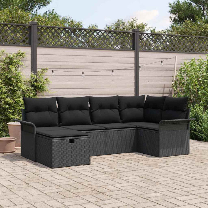 Havesofa Sæt med pude med opbevaring 6 pcs Sort polyrattan