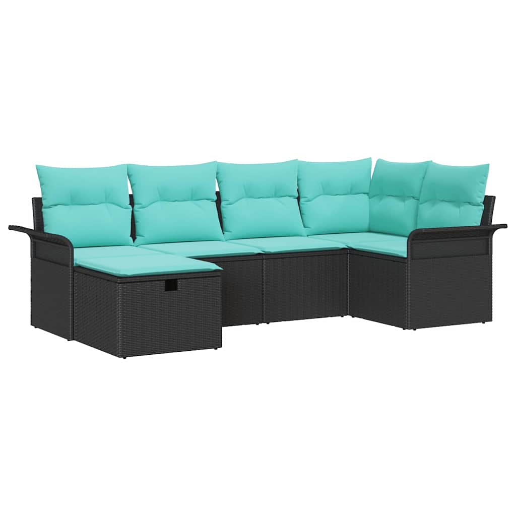 Havesofa Sæt med pude 6 pcs Sort og turkis polyrattan