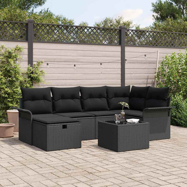 Havesofa Sæt med pude med opbevaring 7 pcs Sort polyrattan