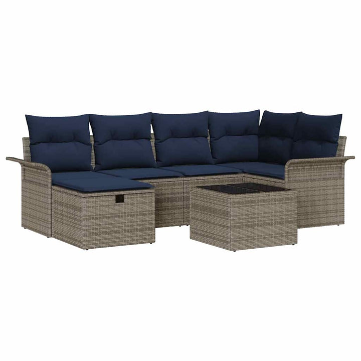 Havesofa Sæt med pude 7 pcs Grå og Marineblå polyrattan