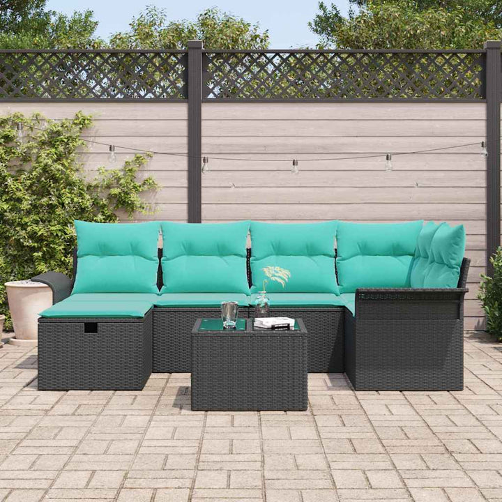 Havesofa Sæt med pude 7 pcs Sort og turkis polyrattan