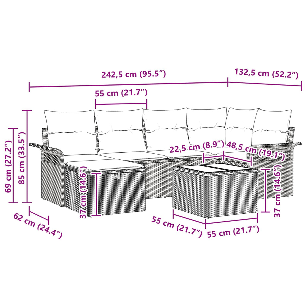 Havesofa Sæt med pude 7 pcs Sort og turkis polyrattan