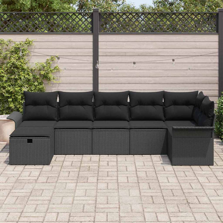 Havesofa Sæt med pude med opbevaring 7 pcs Sort polyrattan