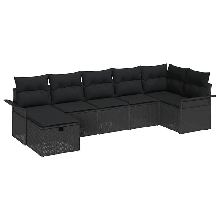 Havesofa Sæt med pude med opbevaring 7 pcs Sort polyrattan