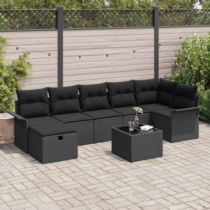 Havesofa Sæt med pude med opbevaring 8 pcs Sort polyrattan