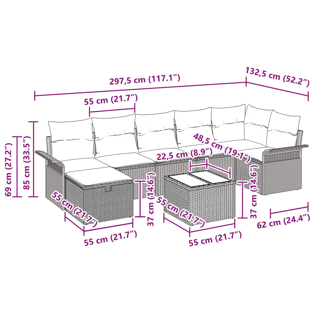 Havesofa Sæt med pude 8 pcs Sort og turkis polyrattan