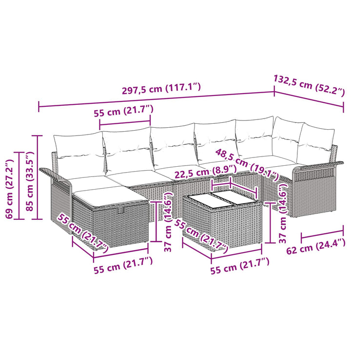 Havesofa Sæt med pude 8 pcs Sort og turkis polyrattan