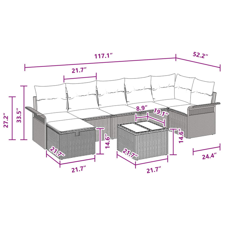 Havesofa Sæt med pude 8 pcs Sort og turkis polyrattan