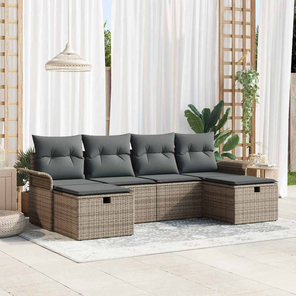Havesofa Sæt med pude med opbevaring 6 pcs Grå polyrattan