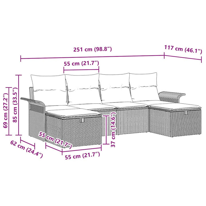 Havesofa Sæt med pude med opbevaring 6 pcs Grå polyrattan