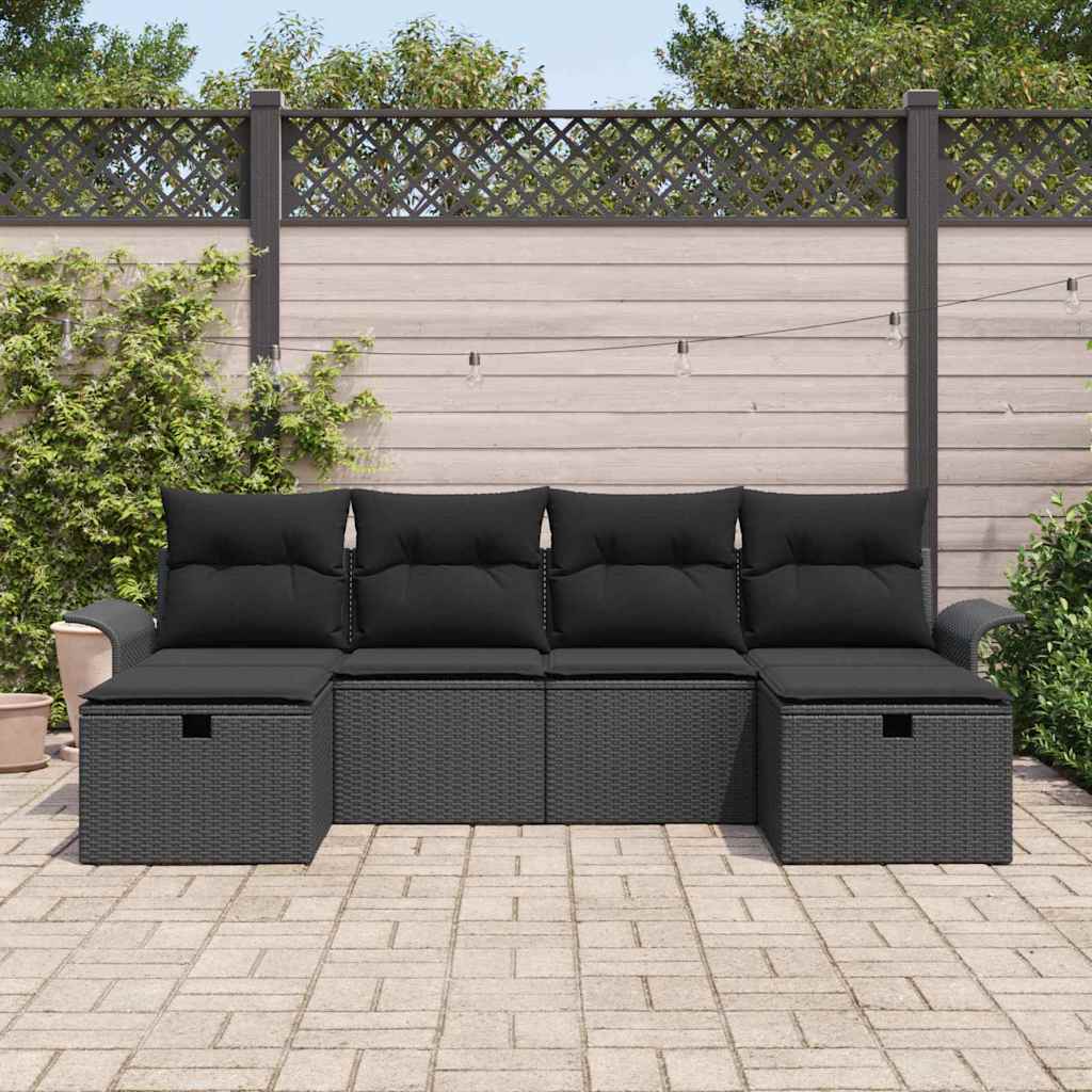 Havesofa Sæt med pude med opbevaring 6 pcs Sort polyrattan