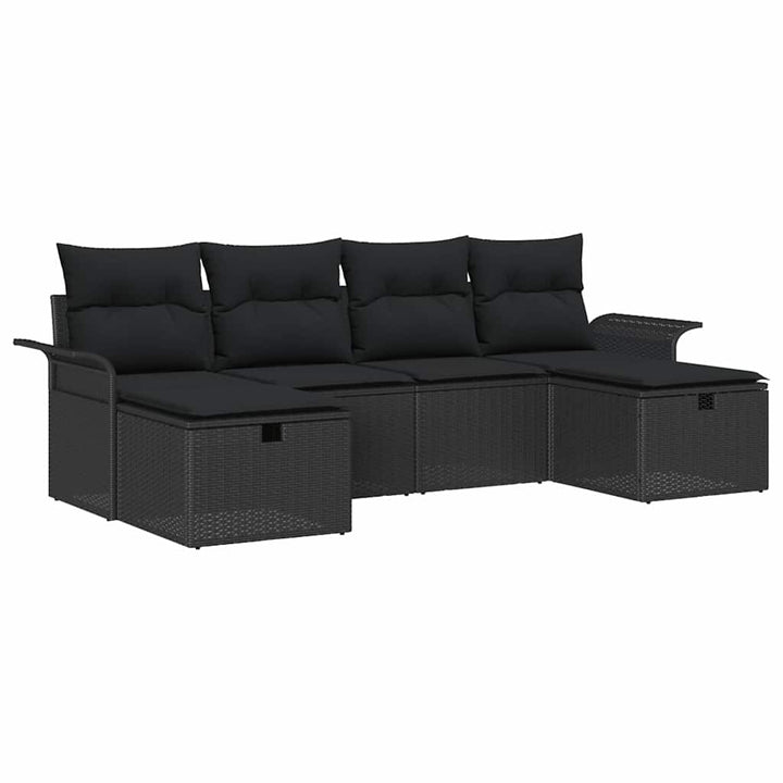 Havesofa Sæt med pude med opbevaring 6 pcs Sort polyrattan