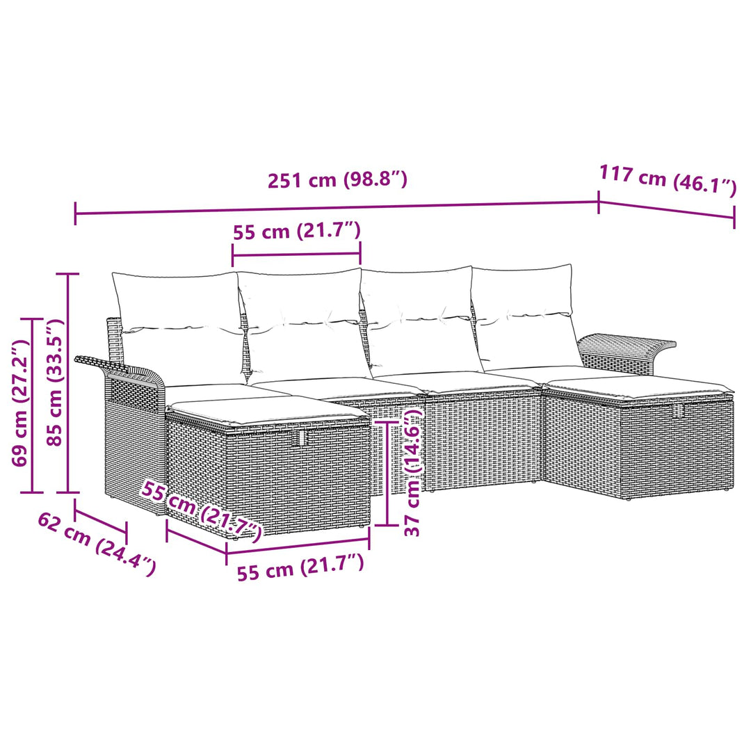 Havesofa Sæt med pude 6 pcs Grå og Marineblå polyrattan
