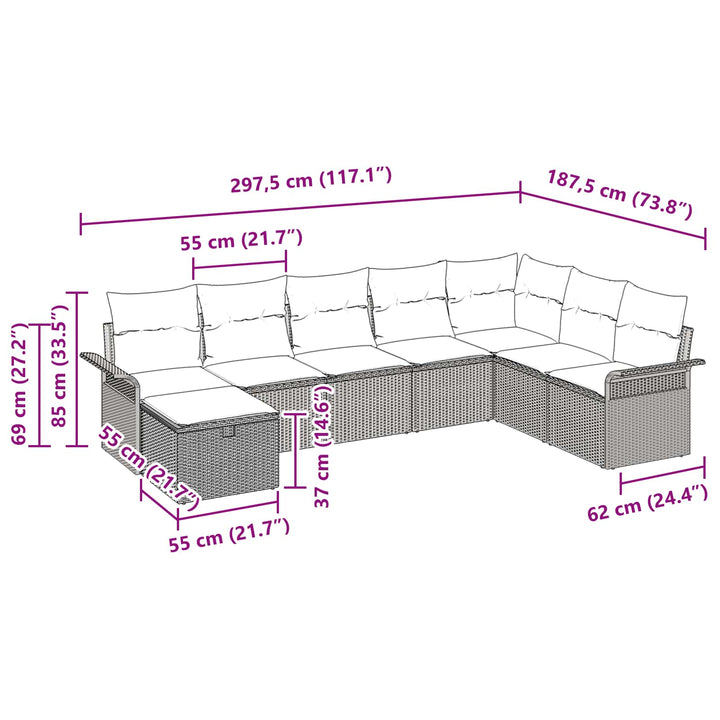 Havesofa Sæt med pude 8 pcs Sort og turkis polyrattan