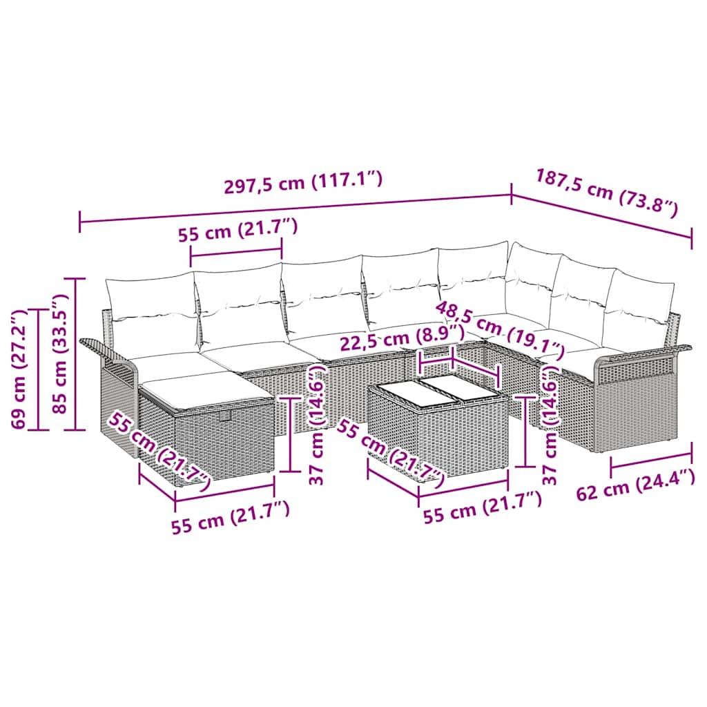 Havesofa Sæt 9 stk. Lysegrå polyrattan