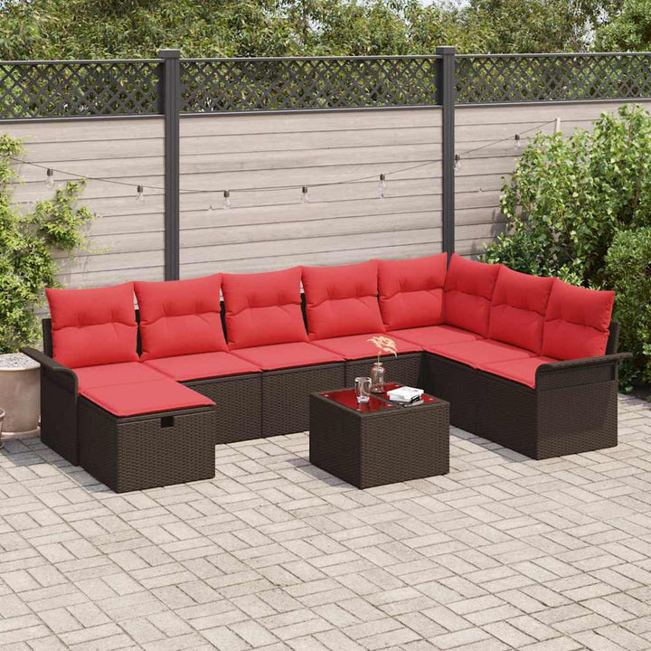Havesofa Sæt med pude 9 pcs Brun og Rød polyrattan