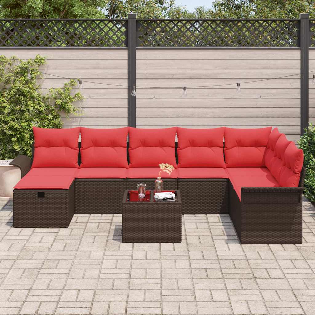 Havesofa Sæt med pude 9 pcs Brun og Rød polyrattan