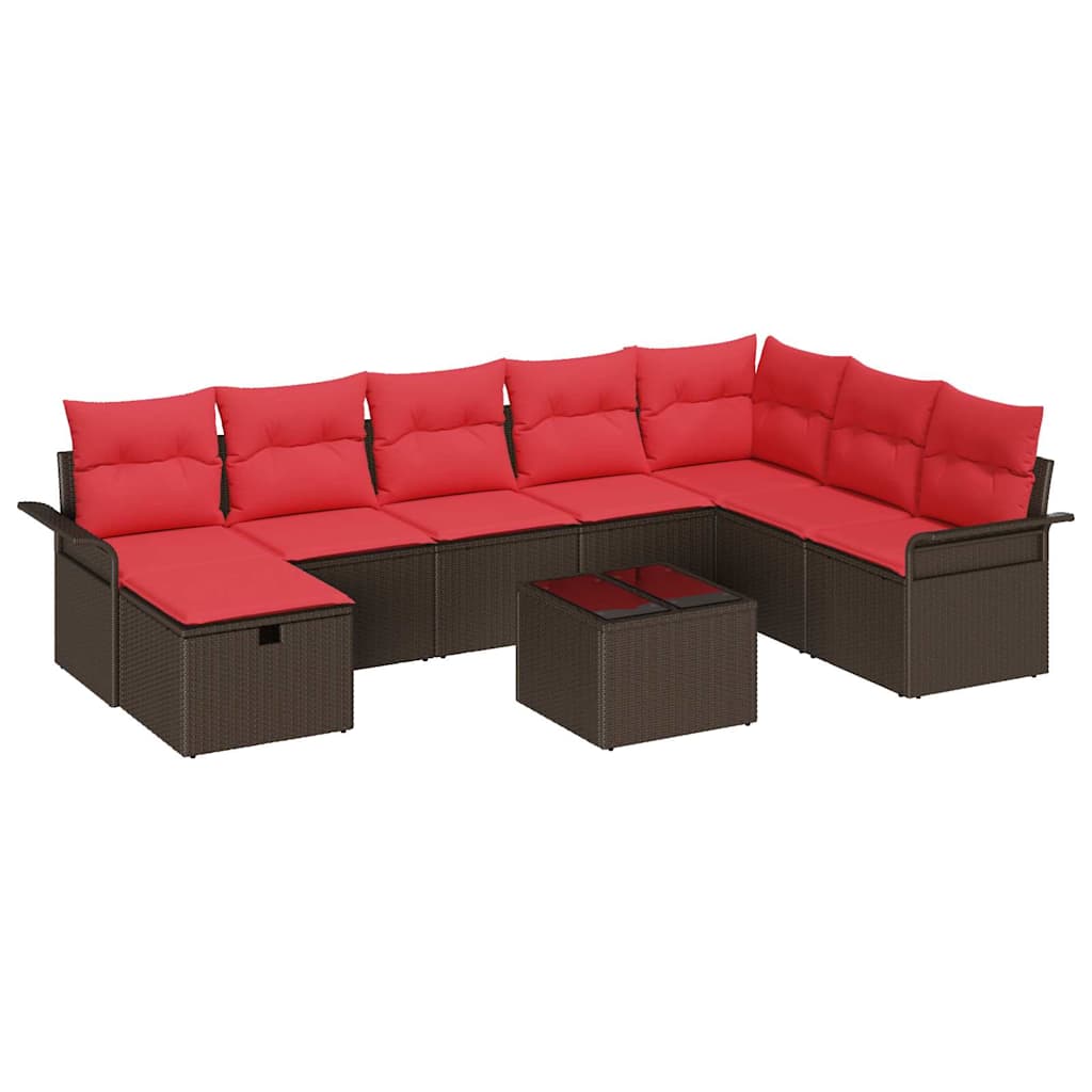 Havesofa Sæt med pude 9 pcs Brun og Rød polyrattan