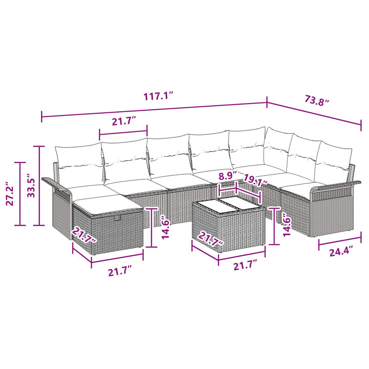 Havesofa Sæt med pude 9 pcs Brun og Rød polyrattan