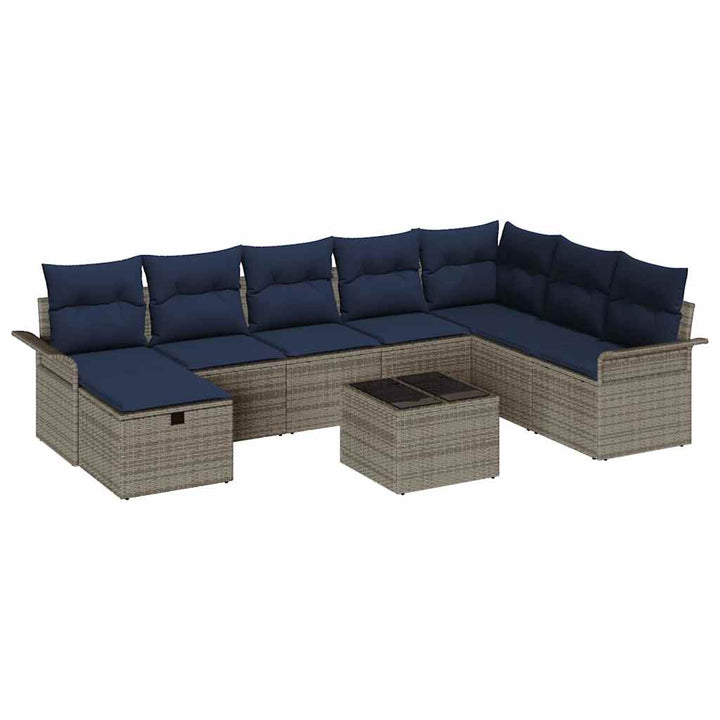Havesofa Sæt med pude 9 pcs Grå og Marineblå polyrattan
