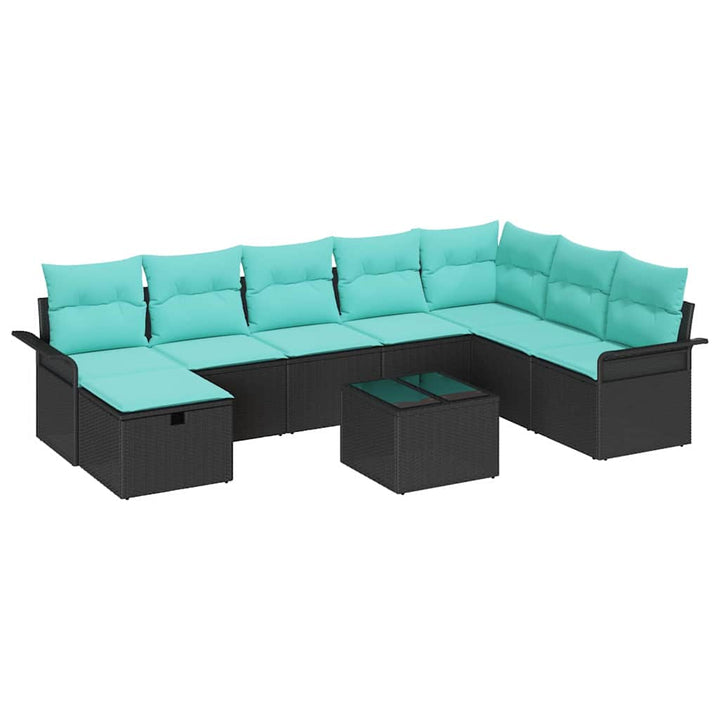 Havesofa Sæt med pude 9 pcs Sort og turkis polyrattan