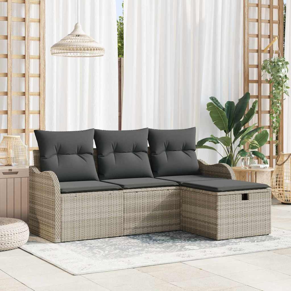 Havesofa Sæt med pude med opbevaring 4 pcs Lysegrå polyrattan