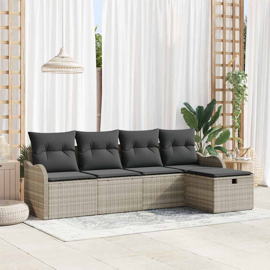 Havesofa Sæt med pude med opbevaring 5 pcs Lysegrå Poly rattan