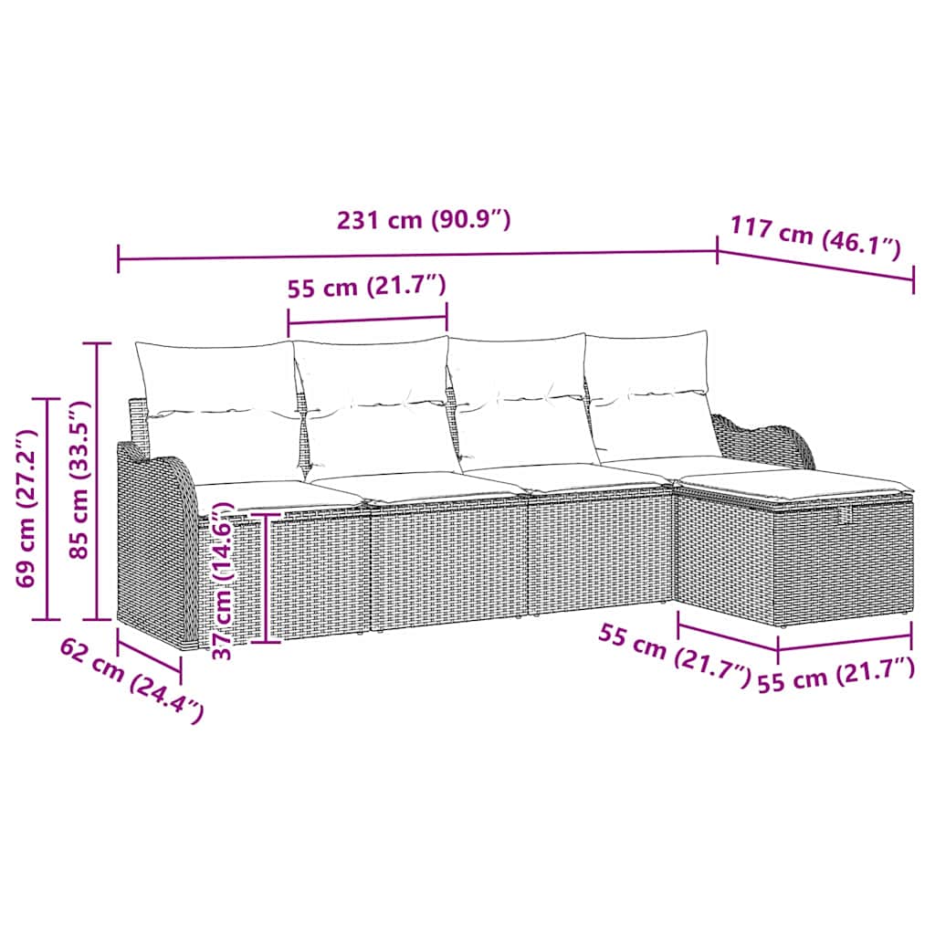 Havesofa Sæt med pude med opbevaring 5 pcs Lysegrå Poly rattan