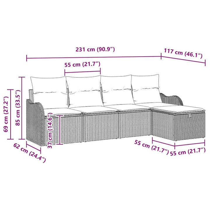 Havesofa Sæt med pude med opbevaring 5 pcs Lysegrå Poly rattan