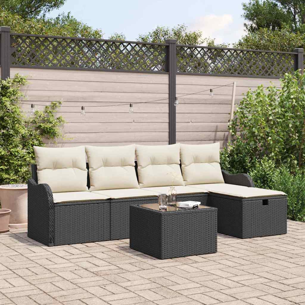 Havesofa Sæt med pude 6 pcs Sort og Cream polyrattan