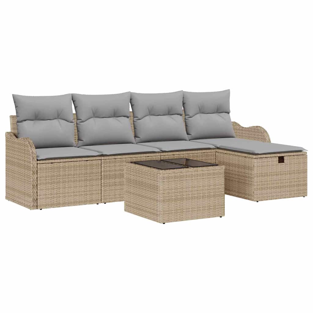 Havesofa Sæt med pude 6 pcs Beige og lys grå polyrattan