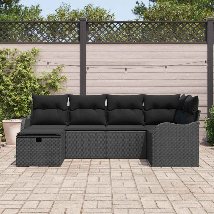 Havesofa Sæt med pude med opbevaring 6 pcs Sort Poly rattan