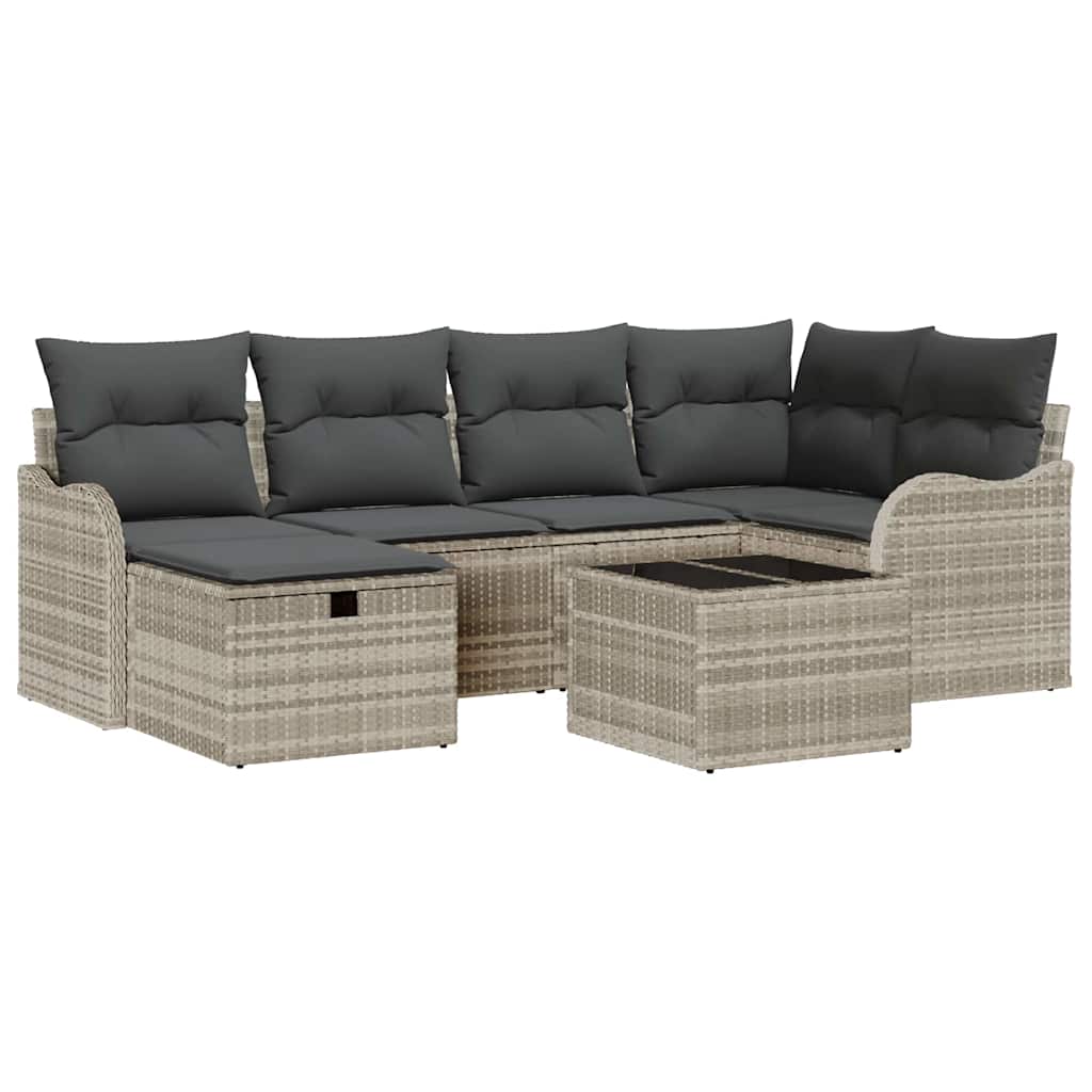 Havesofa Sæt med pude med opbevaring 7 pcs Lysegrå Poly rattan