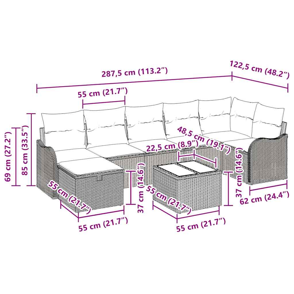 Sofa Sæt 8 stk. 7-Antal sæder Sort polyrattan