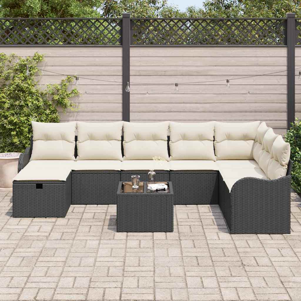Sofa Sæt med pude med opbevaring 9 pcs Sort og Cream polyrattan
