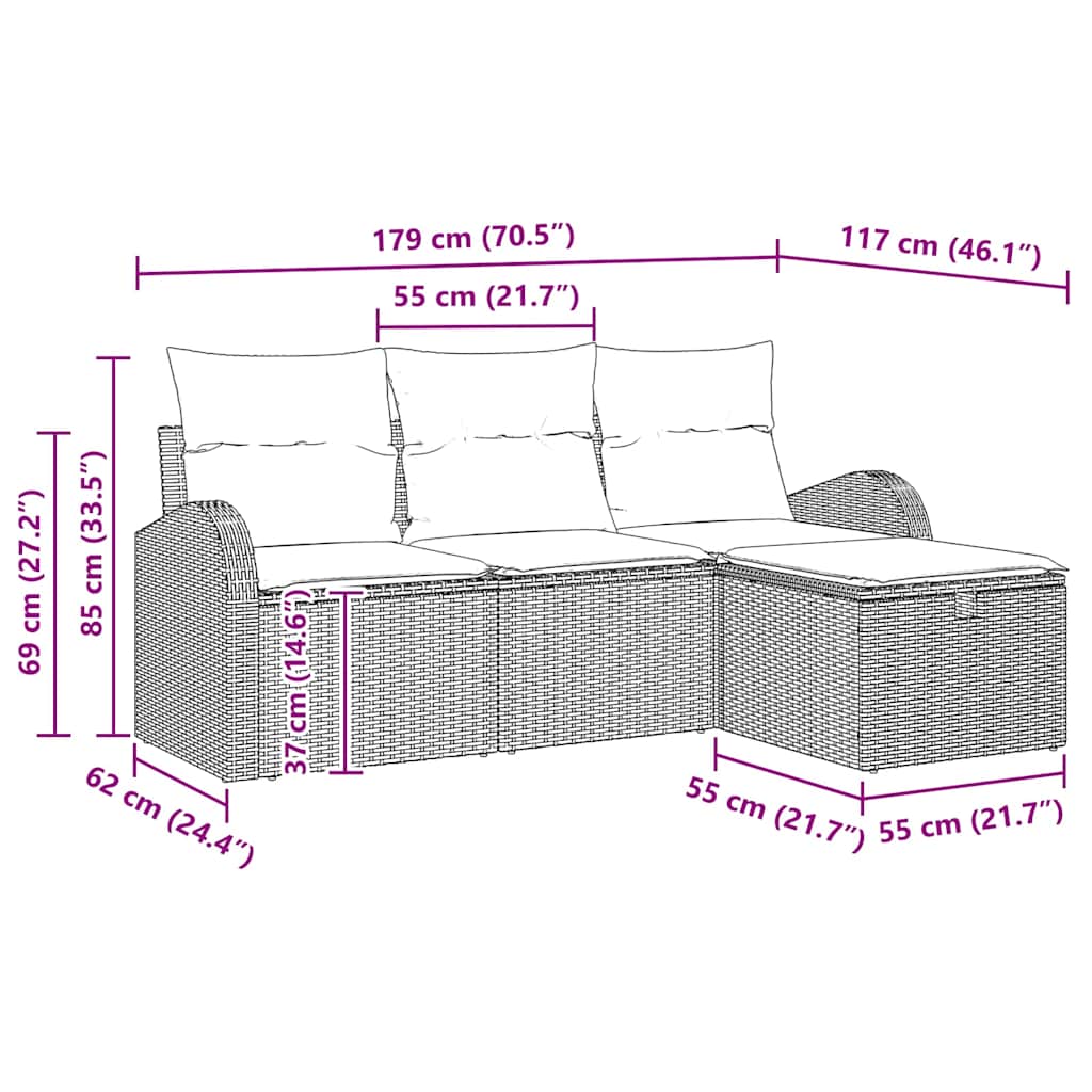 Sofa Sæt med pude med opbevaring 4 pcs Sort og Cream polyrattan