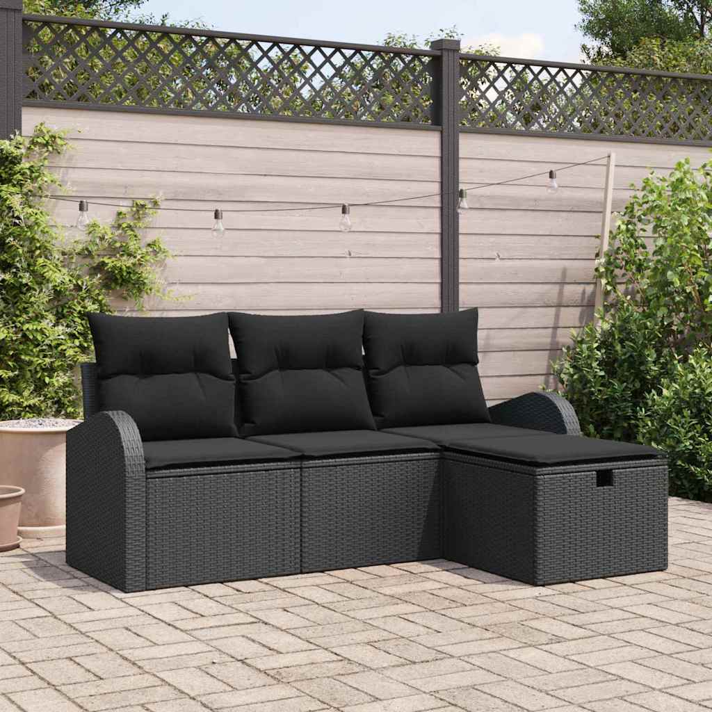 Sofa Sæt med pude med opbevaring 4 pcs Sort polyrattan