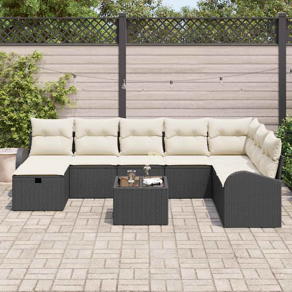 Sofa Sæt 9 stk. Sort og cremefarvet polyrattan