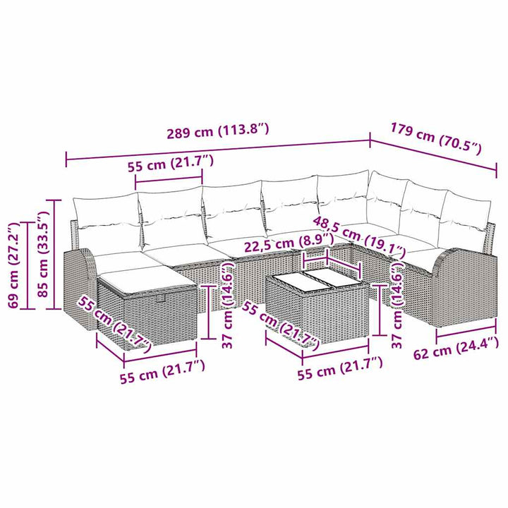 Sofa Sæt 9 stk. Sort og cremefarvet polyrattan