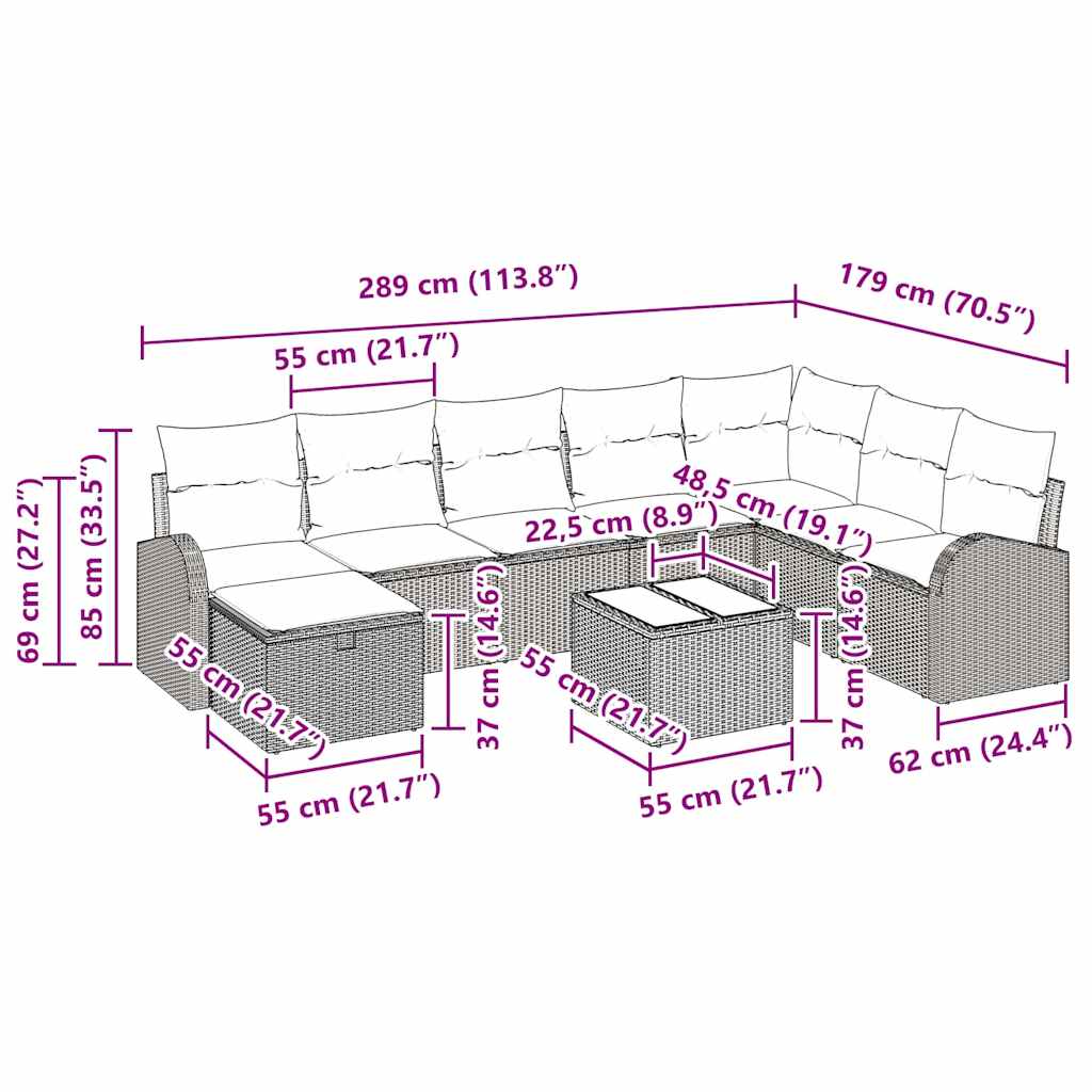 Sofa Sæt 9 stk. Lysegrå polyrattan