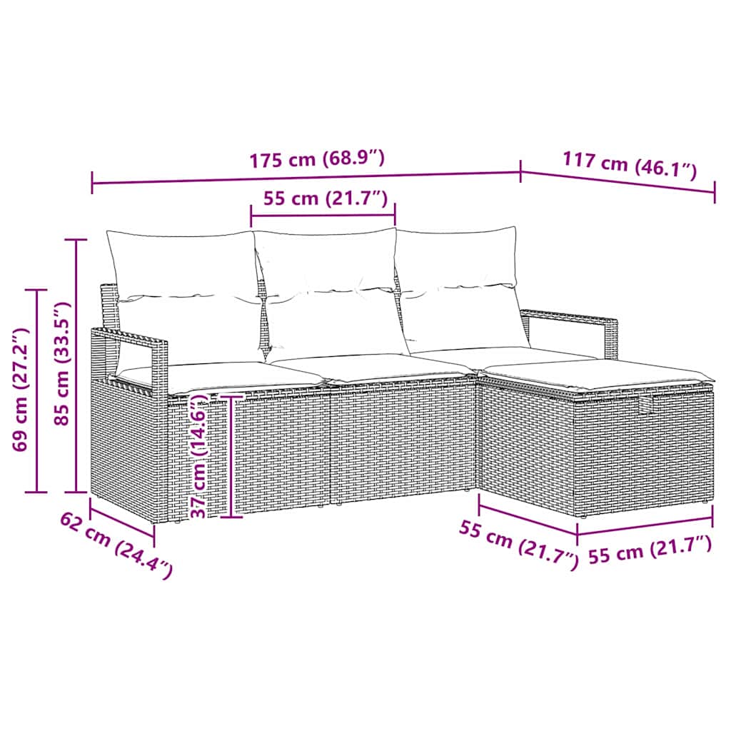 Sofa Sæt med pude 4 pcs Beige og lys grå polyrattan