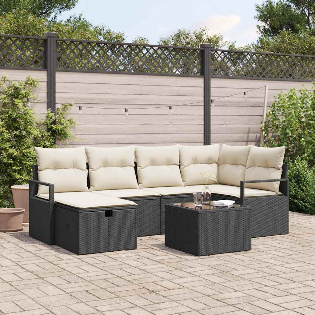Sofa Sæt med pude med opbevaring 7 pcs Sort og Cream polyrattan