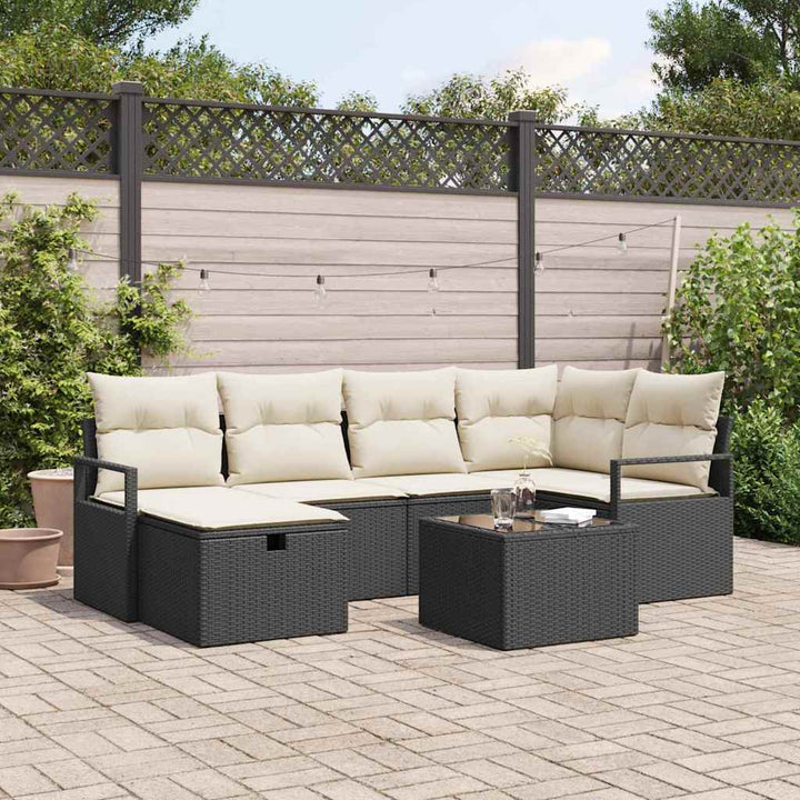 Sofa Sæt med pude med opbevaring 7 pcs Sort og Cream polyrattan